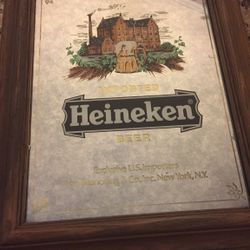 Vintage Imported Heineken Beer Faux Woodframed Glass Mirror Sign