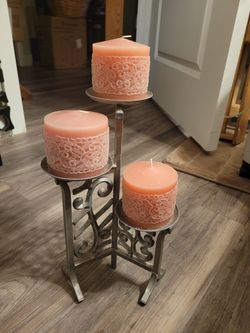 3 Tier Silver Holder With 3 Decorative Candles 