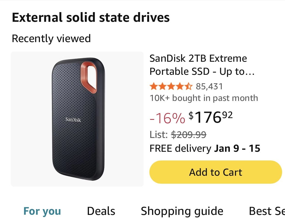 SanDisk 2TB Extreme Portable SSD - Up to 1050MB/s, USB-C, USB 3.2 Gen 2, IP65 Water and Dust Resistance