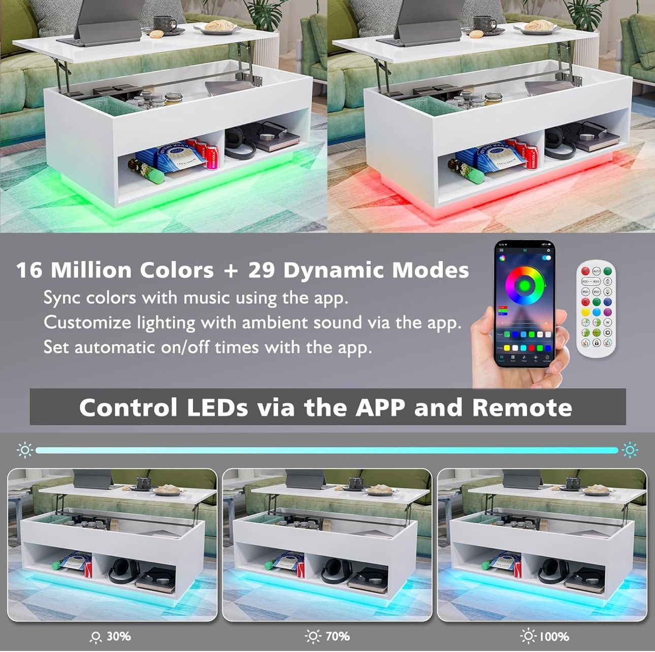 HOMMPA 40" Modern LED Coffee Table with Storage for Living Room, Lift Top Coffee Table with 2 Shelves, High Glossy Wooden Dining Table, Multifunctiona