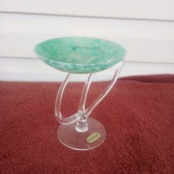 Michelangelo studio glass foot bowl green white 1990s