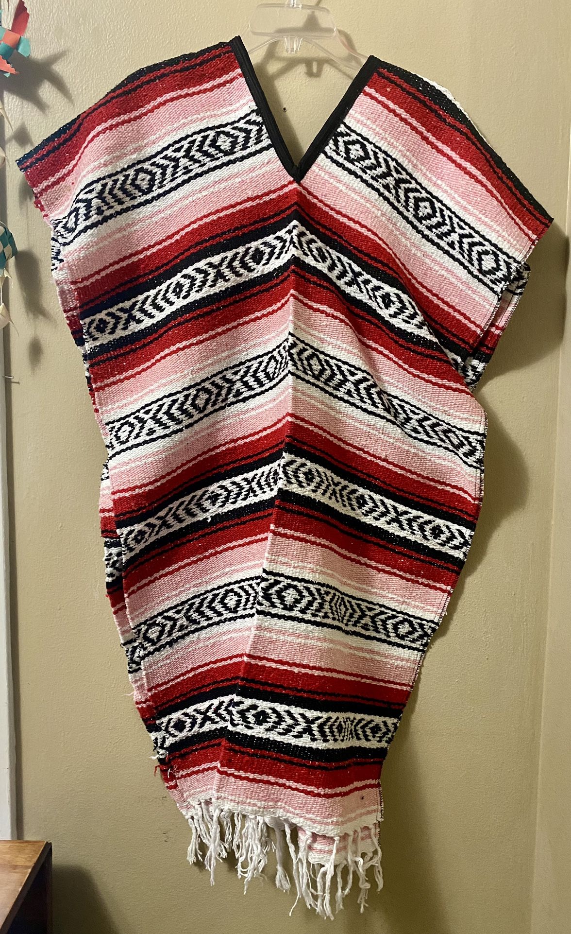 Adult Striped Mexican Blanket PONCHO Pancho Costume Festival Pullover RED/CORAL