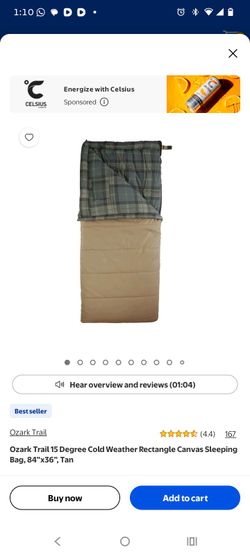 Ozark Trail 15 Degree Cold Weather Rectangle Canvas Sleeping Bag, 84”x36”, Tan
