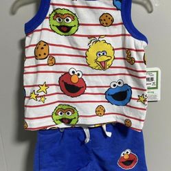  New Sesame Street Infant Boys White Elmo Muscle T-Shirt & Shorts Outfit Set NB tags on