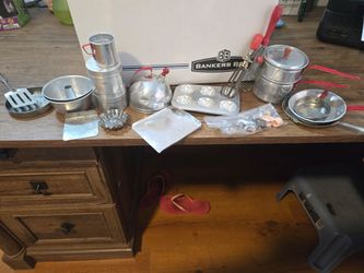 Vintage child size aluminum pots and pans