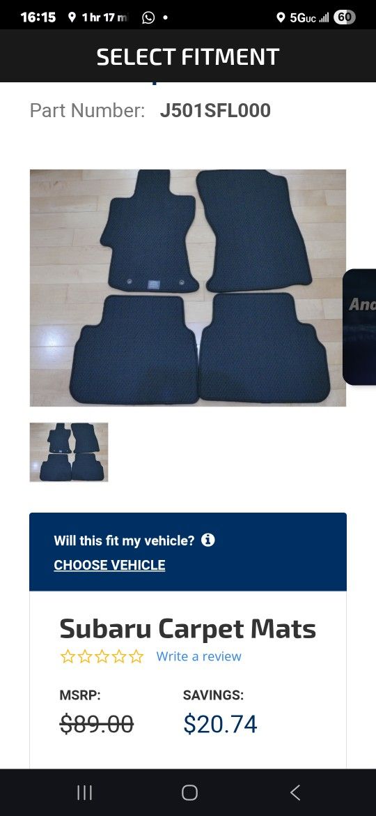 Nwe Subaru Interior Floor Mat