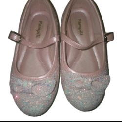 Pampili Girls Shoes Size 8 Pink White Sparkle Ballet Flats Glitter Bling Snap 