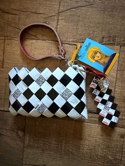 Nahui Ollin Black White Checker Recycled Wrapper Wristlet Clutch NWT