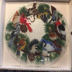 Vintage Peggy Karr Glass Platter, Bird Art Signed 13.75” Diameter