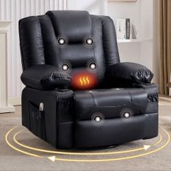 MAHOMICO Swivel Rocker Recliner Chair with Vibration Massage and Heat for Living Room,with Rocking Function and Side Pocket, PU Leather USB Charge Por