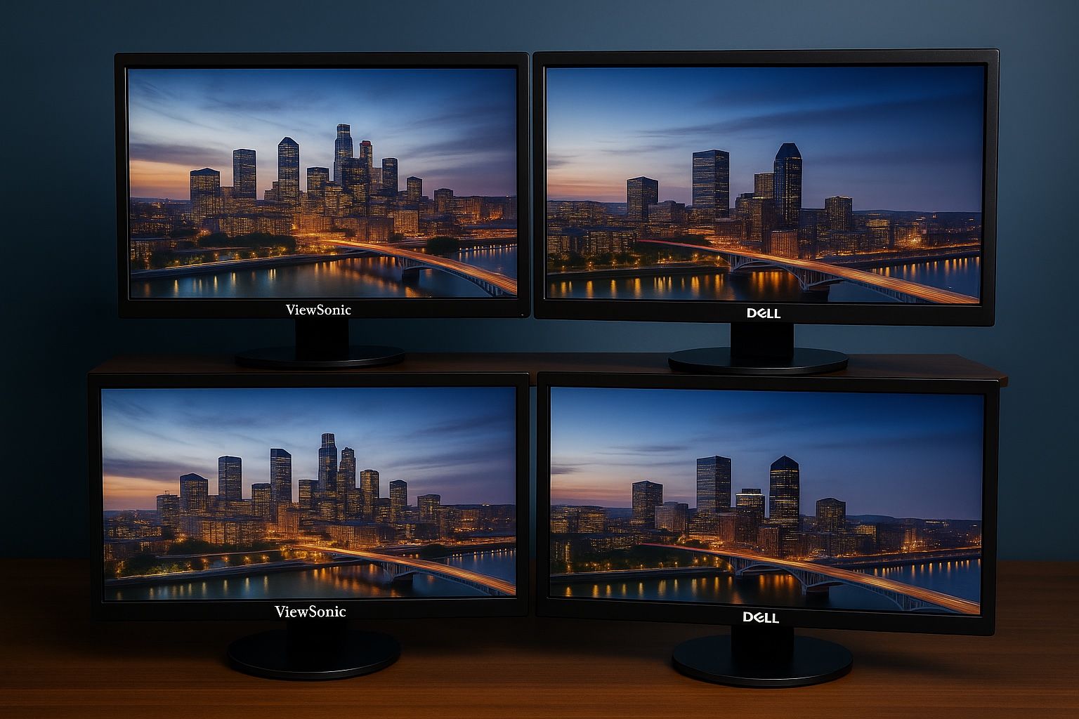 4 Computer Monitors – 24” Full HD – Dell & ViewSonic – All Cords + Stands Included