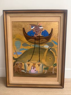 Original Signed Ken Hodges Surrealist Painting – Gold Leaf Background & Vintage Frame