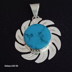 Vintage LARGE MEXICO STERLING SILVER TURQUOISE SUN PENDANT