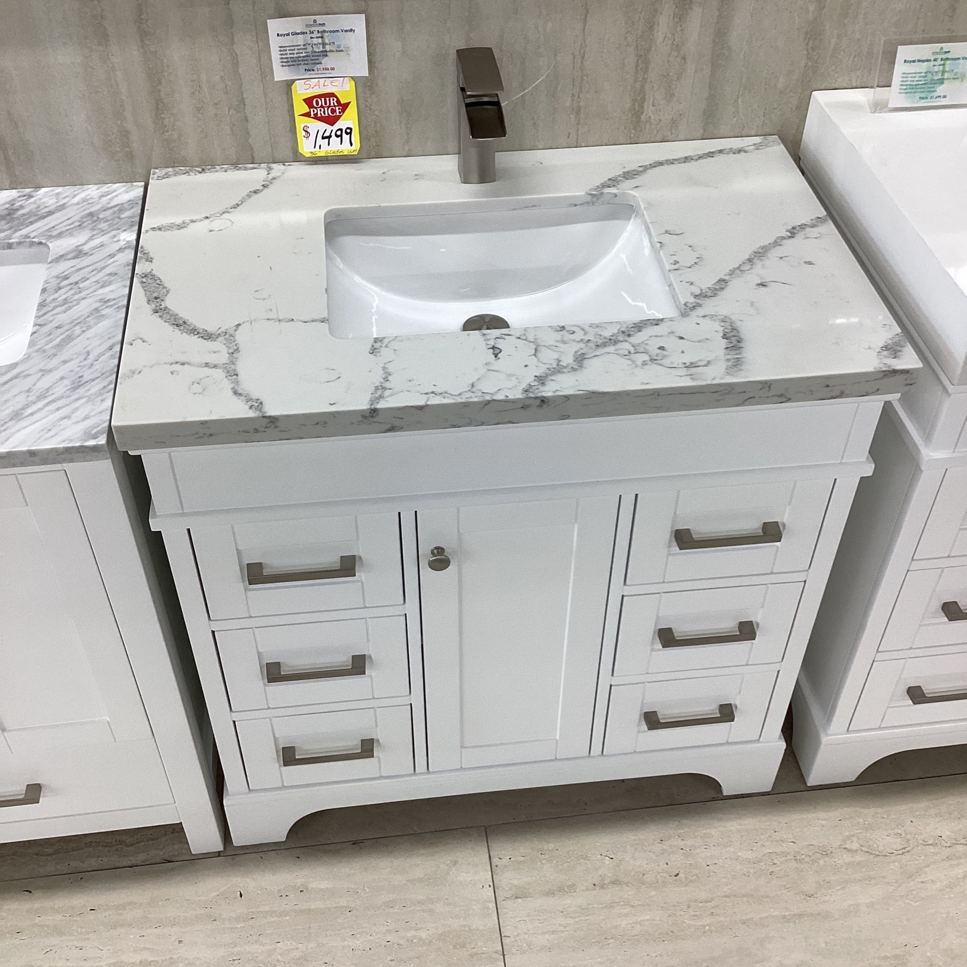 36” White Bathroom Vanity Quartz Countertop Ceramic Sink Solid