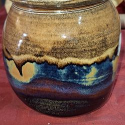 Vintage Handcrafted Studio Pottery Large Honey Pot With Lid Signed Tan Blue Brown L2D030