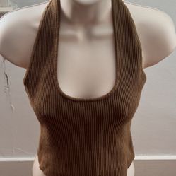 House of Harlow 1960 Brown Ribbed Open Back Knit Halter Top, size S 