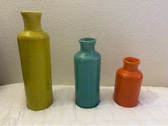 Sullivan Ceramic Bottle Vase Set of 3 - Rustic Farmhouse Decor (Chartreuse, Aqua, Orange)