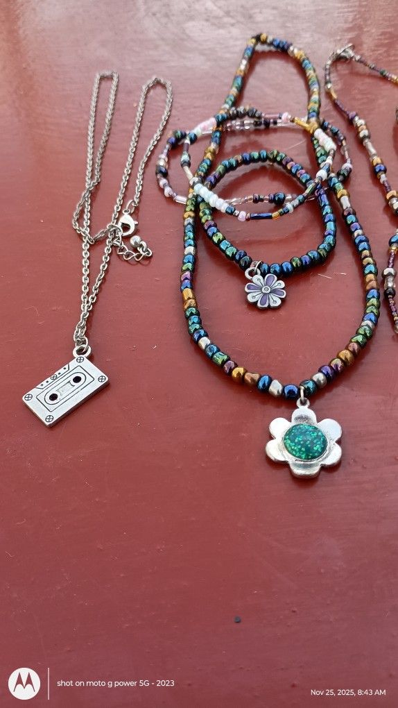 Girls Hand Crafted Necklace Tape Cassette Vintage Style Necklace and two Bracelets