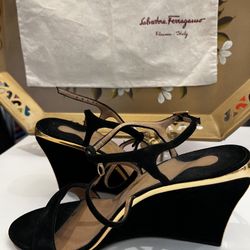 Salvatore Ferragamo Black Suede Sandals Wedges