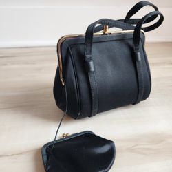 VINTAGE 1950's After Five Black Satin Satchel Handbag  With Change Purse