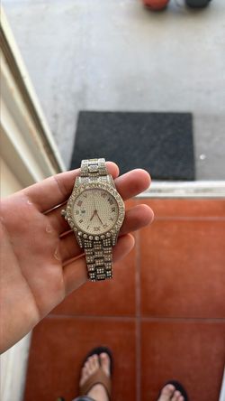 Iced Out Silver-Tone Watch with Roman Numerals