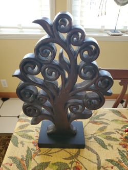Hand Carved Wooden Tree of Life Tabletop Sculpture On Black Base