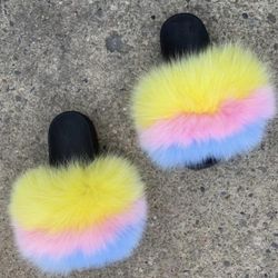Yellow Pink And Blue Custom Genuine Fur Slides Sizes 6,7,8 Message True Size And Order