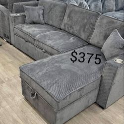 Beautiful Gray 2-Pc Sectional Sofa With Storage, Pullout Bed, And USB Port 
