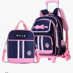 Rolling Backpack for Girls Cute Trolley Bags Primary School Bookbags with Wheels Kids Carry-On Wheeled Backpack with Lunch Bag