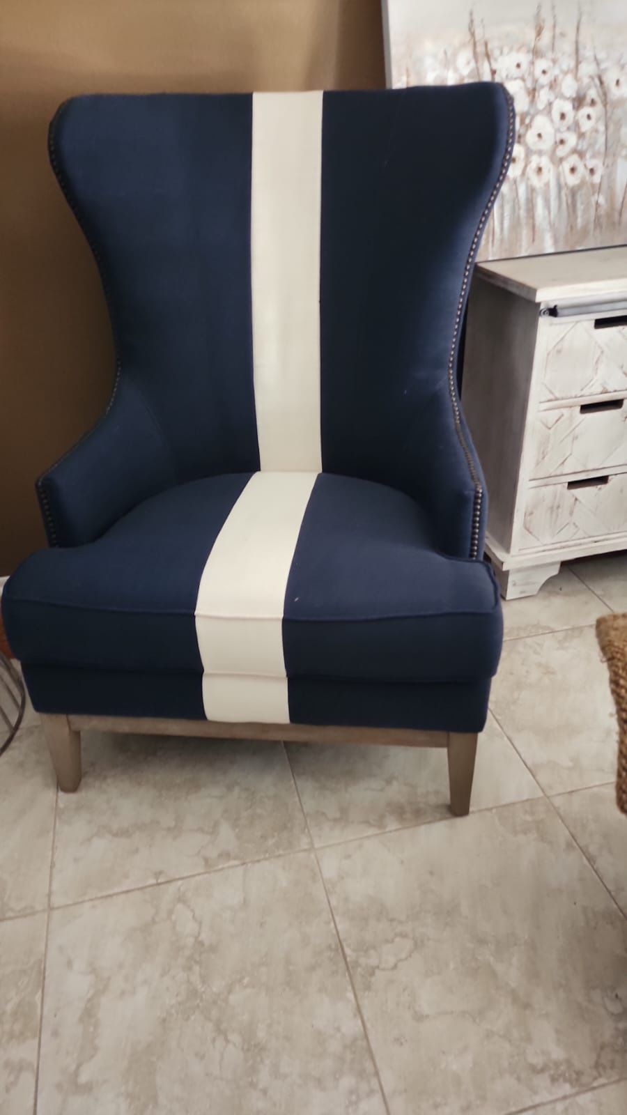 Tommy Hilfiger wingback chair in a blue & white striped