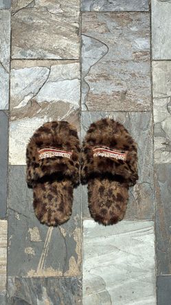 Balenciaga leopard print faux fur slides