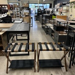 SONGMICS Bamboo Luggage Rack Folding Suitcase Stand w/ Fabric Storage Shelf Set of 2 - Walnut