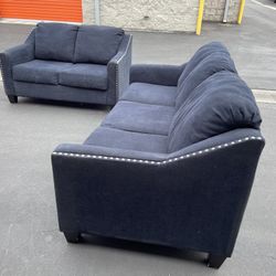 Dark Blue Couch Set Nail Head Trim