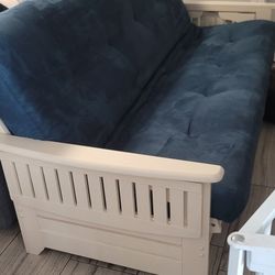 White Wood Heavy Duty Futon With BLUE cushion Like New