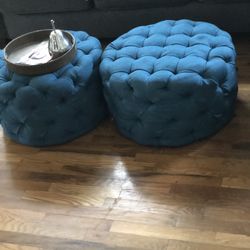 2 Tufted Peacock Blue Ottoman 