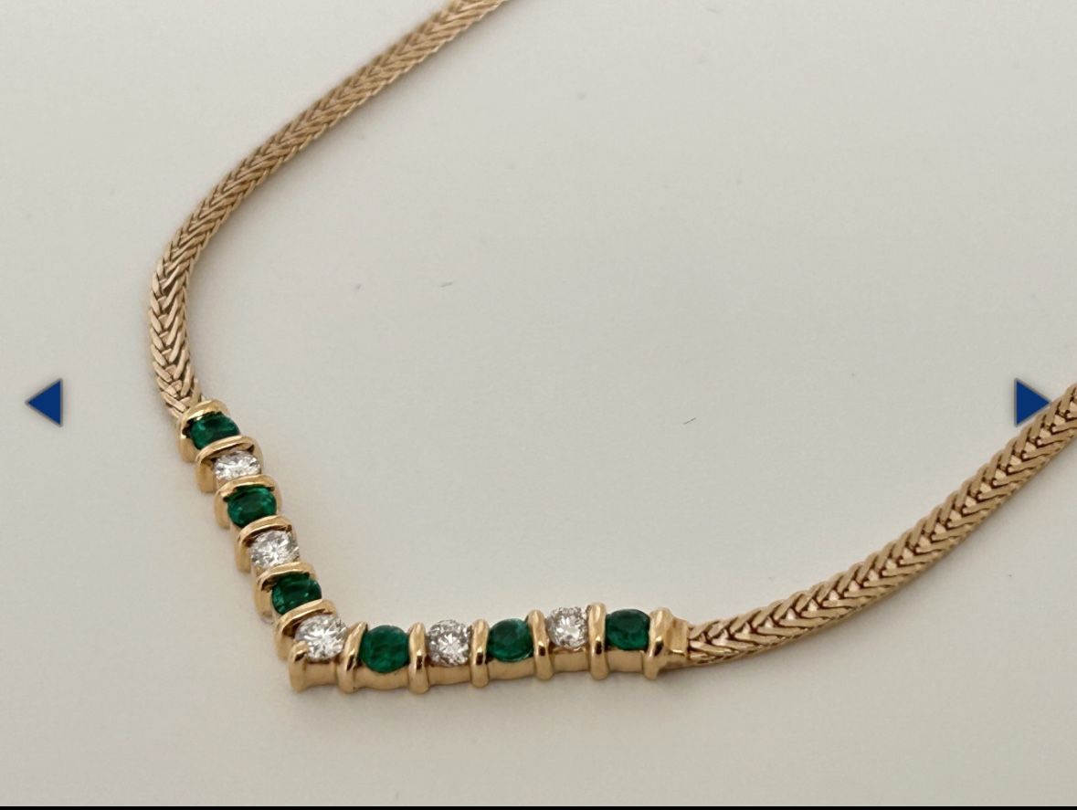 14K Gold with Emeralds & Diamonds V Design Necklace