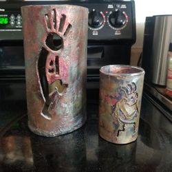 Pair Of Kokopelli Candle Holders:  Raku 7.25"T & Copper 4"T