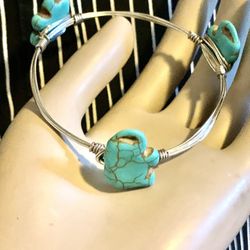 Rare Vintage Genuine Turquoise Gemstone Elephant Solid 925 Sterling Silver Wire Bracelet  Approx 8.5”
