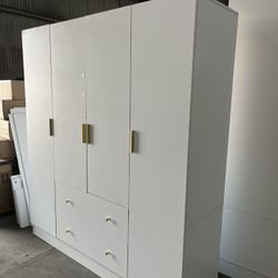 4 Doors Armoire Wardrobe Closet , Wooden Clothes Storage Cupboard with 2 Drawers, Hanging Rails and Shelves,White