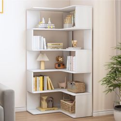 IOTXY 6-Tier L-Shaped Corner Bookshelf - 66" Tall Wooden Freestanding Bookcase with Open Shelf Units, White