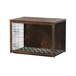 Megidok Wooden Dog Crate Furniture with Cushion,Large Dog Crate End Table with Tray, Double Doors Kennels Indoor (43.1" L*28.6" W*30.3" H, Rustic Styl