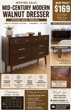 Mid-Century Modern Walnut 6-Drawer Dresser | 56” | MCM Bedroom Storage