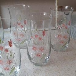 Set of Six hand painted glasses. Flowers & Butterflies