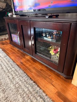 Dark Brown Wood TV Stand with Glass Doors