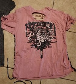 LIKE NEW AFFLICTION WOMEN'S SIZE LARGE BLUSH PINK DISTRESSED GRAPHIC Y2K GRUNGE GOTHIC FLORAL FLOWER BLACK CORSET LACE TIE UP SIDE T-SHIRT TOP