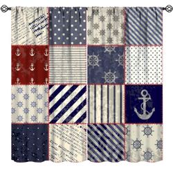 Nautical Patchwork Curtains Vintage Stripe Anchor Rudder Coastal Rustic Red Blue Bedroom Living Room Bathroom Blackout Rod Pocket Decoration Window Dr