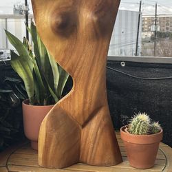 Hand-Carved Wooden Female Torso Sculpture