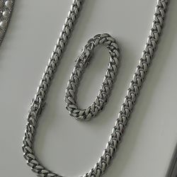 New 18k White Gold Filled Cuban Link Chain And Bracelet 