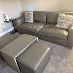Modern Gray Leather Sofa + Ottoman + Coffee Table – Excellent Condition  Price: