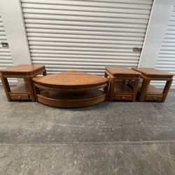 Set Pie Shaped Lift Top Coffee Table Solid Oak and 3 pieces End Tables Solid Oak